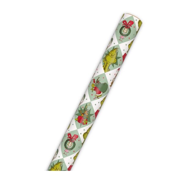 Hallmark Wrapping Paper Christmas Grinch on Colored Squares 70 sq ft Jumbo Roll - Picture 3 of 5